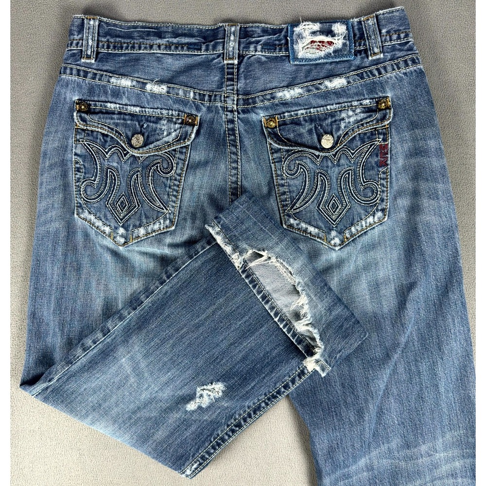 Mek Denim Jeans 38x34 Blue Oaxaca Bootcut Button Fly Distressed Y2K Flap Pocket